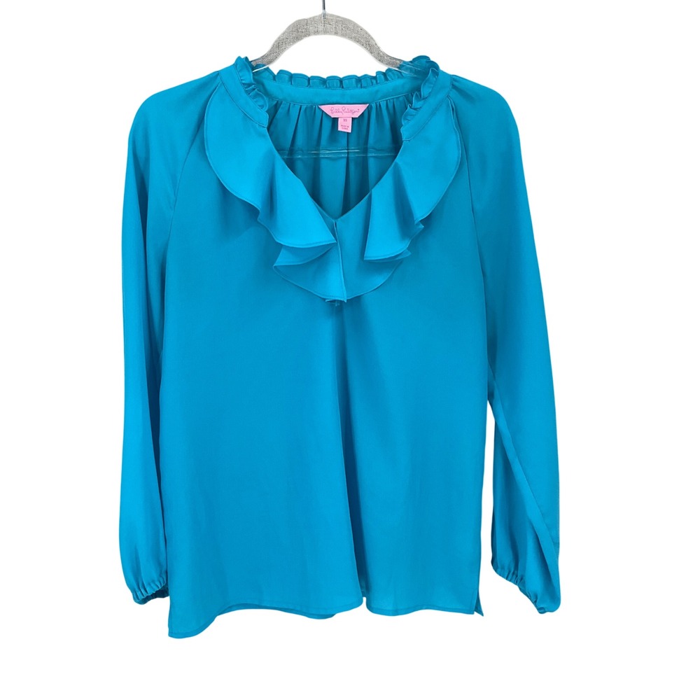 Lilly Pulitzer Elsa Blouse Womens XS Blue Ruffle V Neck Long Sleeve Boho Airy